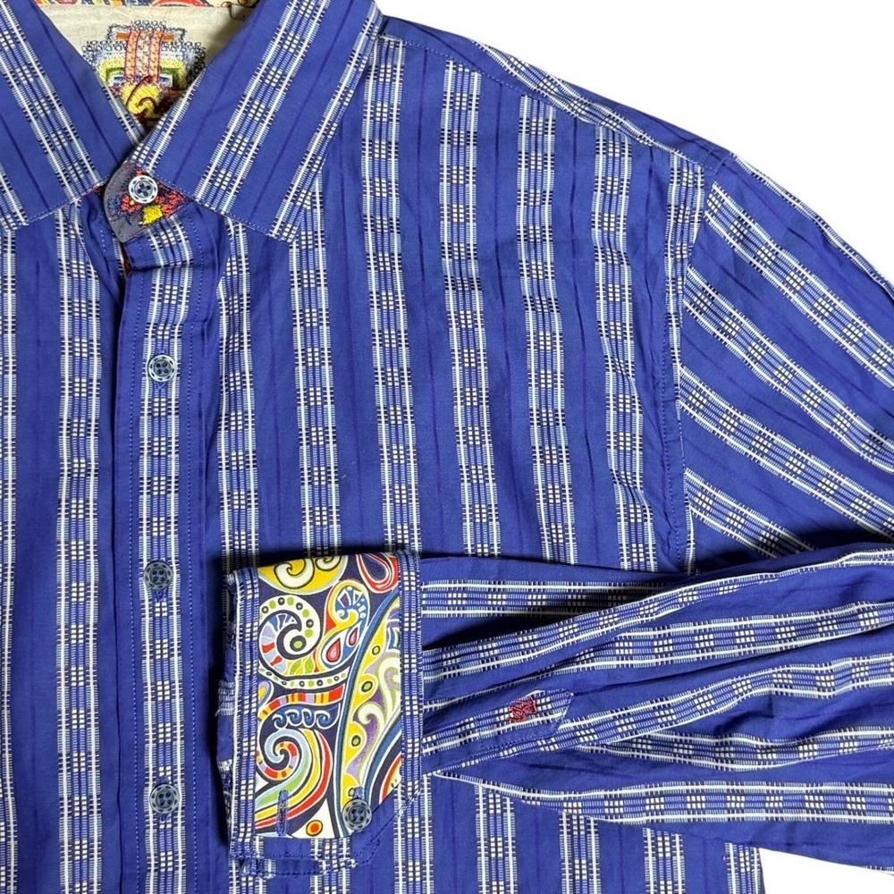 Robert Graham Mens L Blue Striped Button Down Shirt Paisley Flip Cuffs Preppy